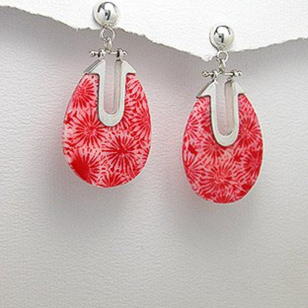 Sterling Silver Sponge Coral Oval Post Earrings - NEW